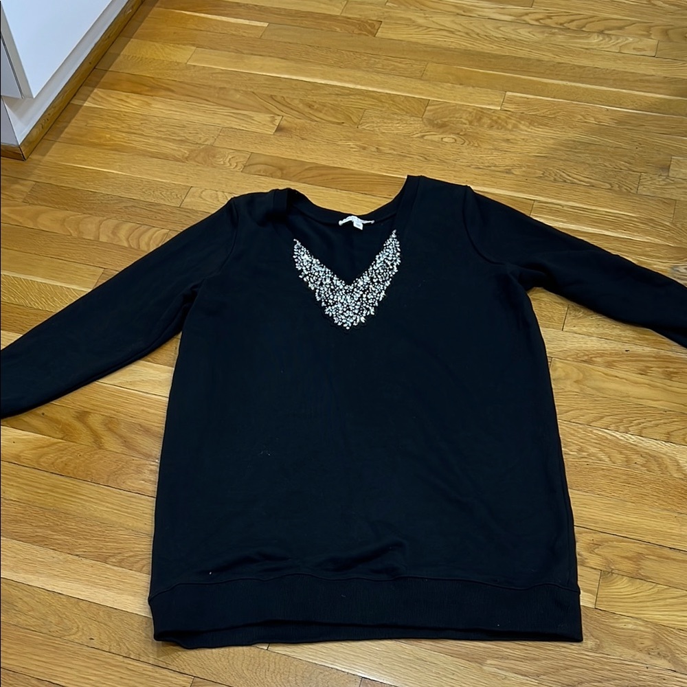 Black V-Neck Sweater with Embellished Detail